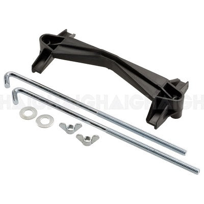 The Battery Link Battery Hold Down Bracket, featuring two metal rods, wing nuts, and washers on a white background, is a versatile black bracket that accommodates batteries of various sizes.