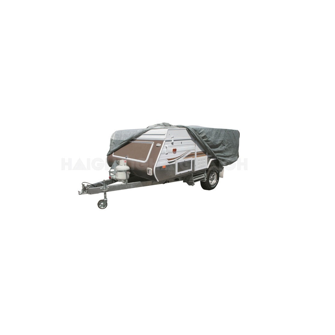 A pop-up camper trailer is showcased with a Prestige Caravan Cover 3.7m - 4.2m, partially draped over it in gray, featuring UV-stabilized material. The trailer includes a propane tank mounted on the front hitch and boasts a compact, foldable design highlighted by waterproof fabric, all set against a plain white background.