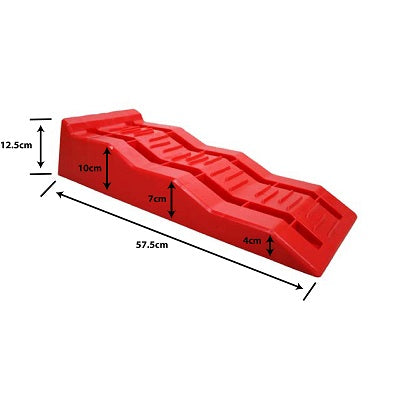 The Explore Caravan Levelling Ramp - Australian Made by Explore is a red plastic ramp that measures 57.5 cm in length, 12.5 cm in height, and 10 cm in width. It has a recess width of 7 cm and a step height of 4 cm. This ramp is ideal for motorhome levellers and features a textured surface with multiple grooves for grip and traction. Additionally, it is UV resistant for enhanced durability.