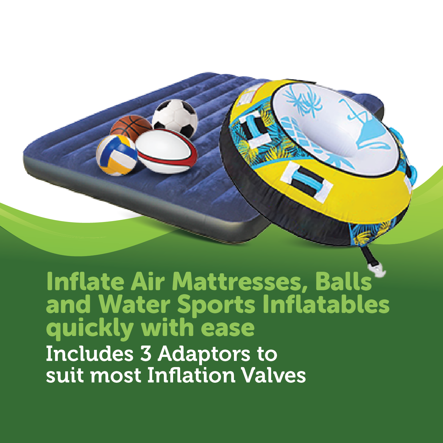 The illustration showcases a 12V Air Compressor 180Lpm by Dr Air alongside an inflatable air mattress, various sports balls, and a water sports inflatable ring. Text emphasizes the ease of inflation with included adaptors and mentions complimentary air delivery.