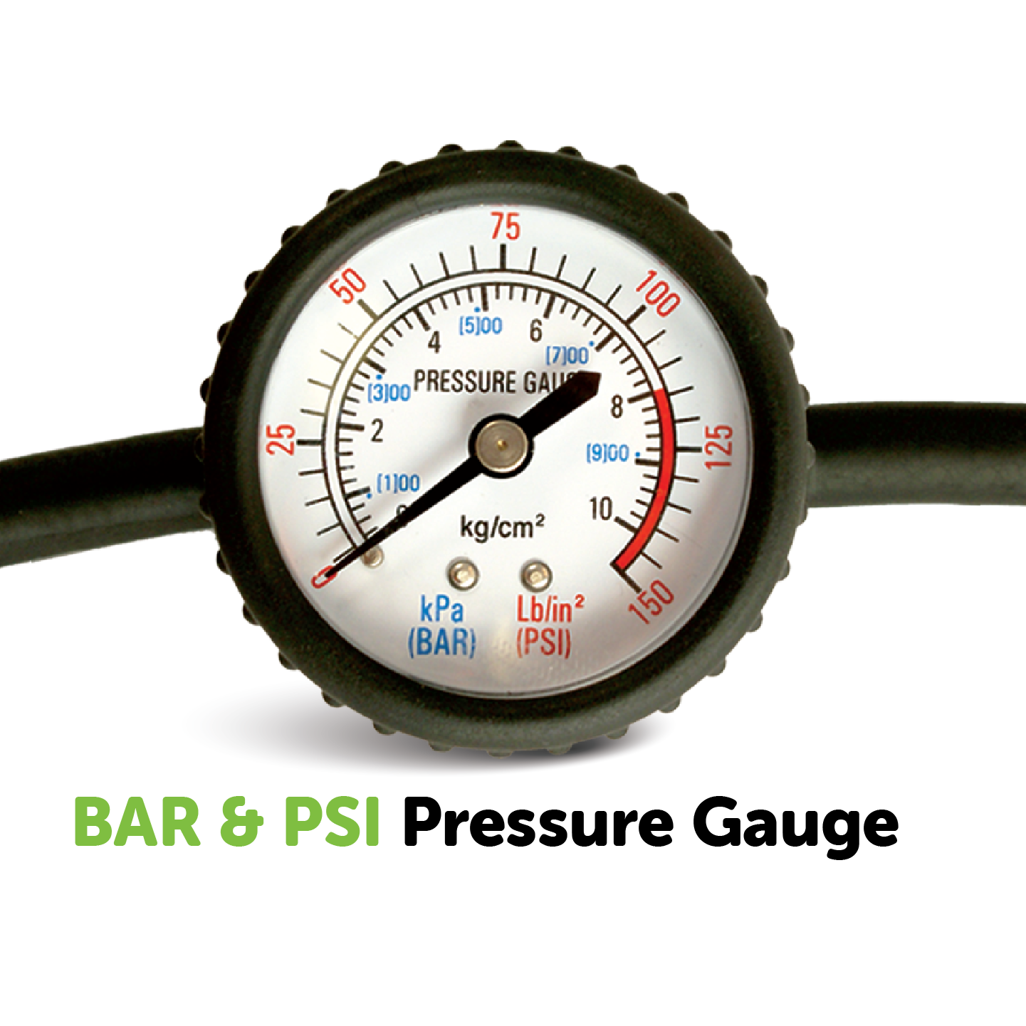 Introducing the Dr Air 12V Air Compressor 180Lpm's pressure gauge, specifically designed for air compressors. It displays measurements in BAR and PSI within a black circular casing, featuring a white dial face with blue and red numerals. The wording "BAR & PSI Pressure Gauge" is elegantly highlighted in green and black. Enjoy peace of mind with its included 5-year warranty.