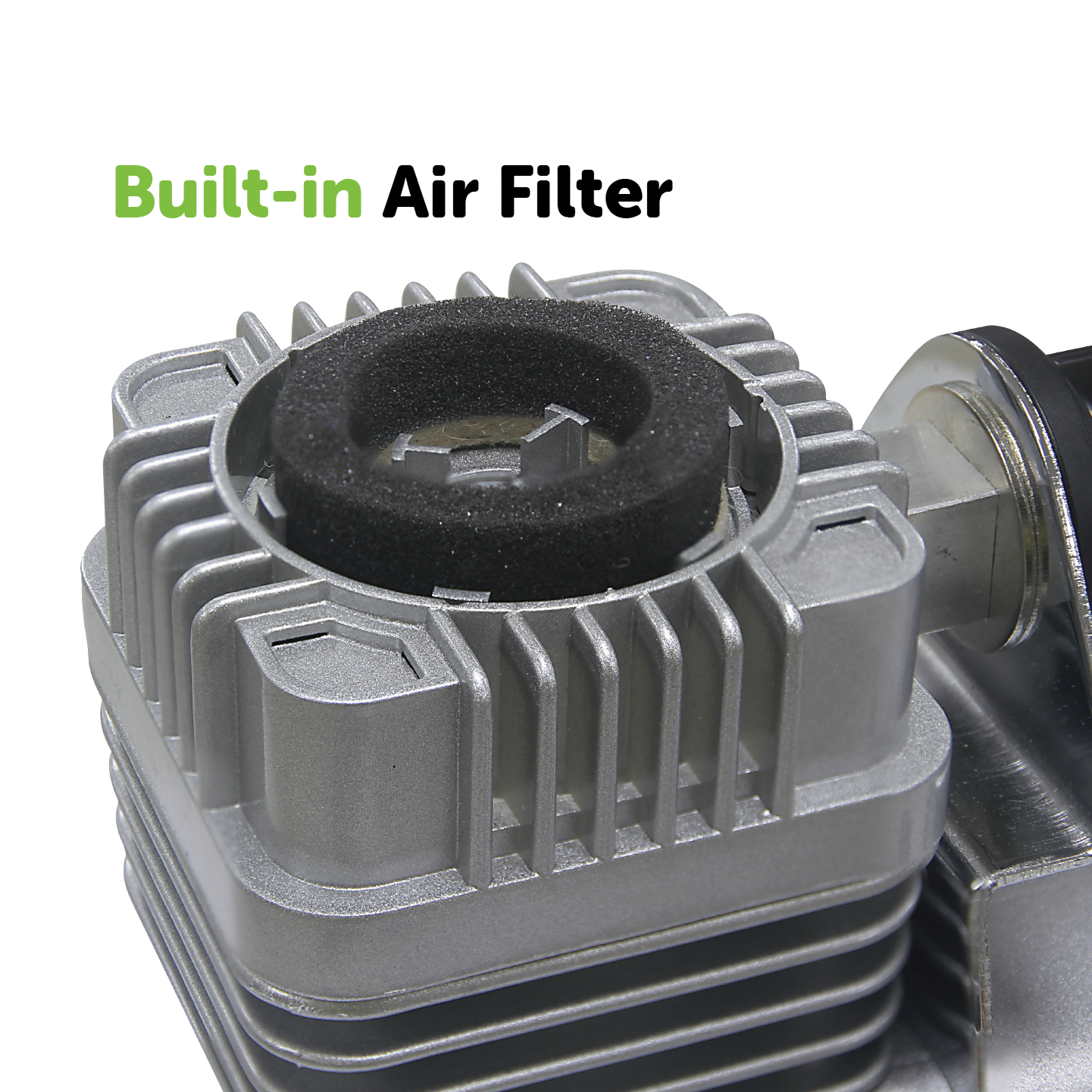 Close-up of a metallic engine component resembling the Dr Air 12V Air Compressor 180Lpm with a built-in air filter, featuring a foam insert. The phrase "Built-in Air Filter" is displayed in the upper left corner— "Built-in" in green and "Air Filter" in black. Enjoy free air delivery backed by a 5-year warranty.