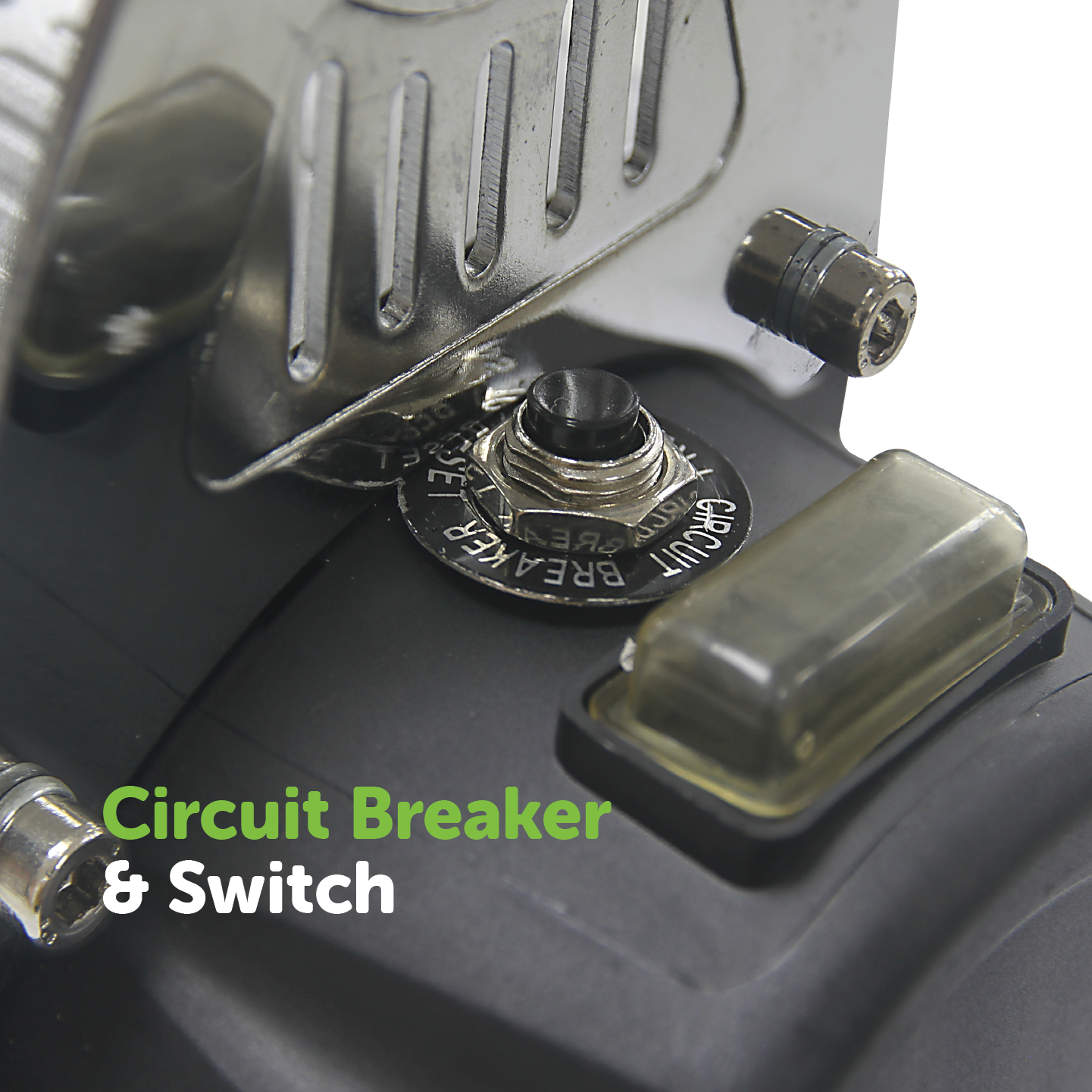 A close-up image features the circuit breaker and switch on a Dr Air 12V Air Compressor 180Lpm, with the words "Circuit Breaker & Switch" in green and white text. The detailed metal and plastic components underscore its industrial design, complemented by a robust 5-year warranty.