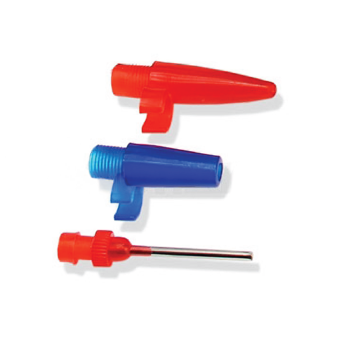 On a white backdrop, three components are displayed: a red nozzle, a blue connector with side tab for inflatable toys, and a red/silver metal needle valve that pairs with Dr Air's 12V Air Compressor 250psi.