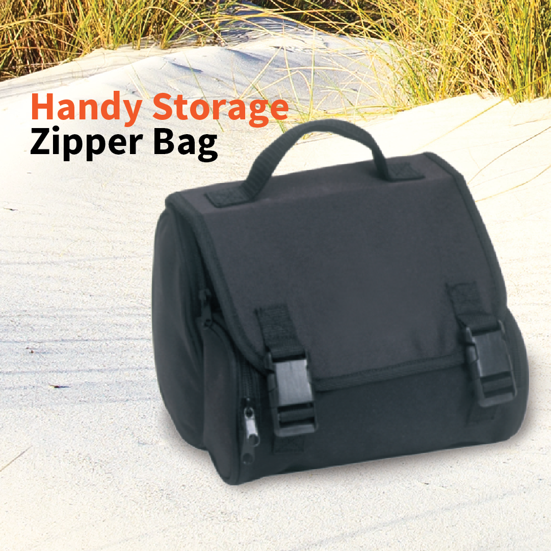 A black storage zipper bag with a handle sits on a sandy surface, with grass in the background. The text "Dr Air 12V Air Compressor 45 Lpm" is elegantly displayed in the top left corner, making it an ideal storage solution for your compact air compressor.