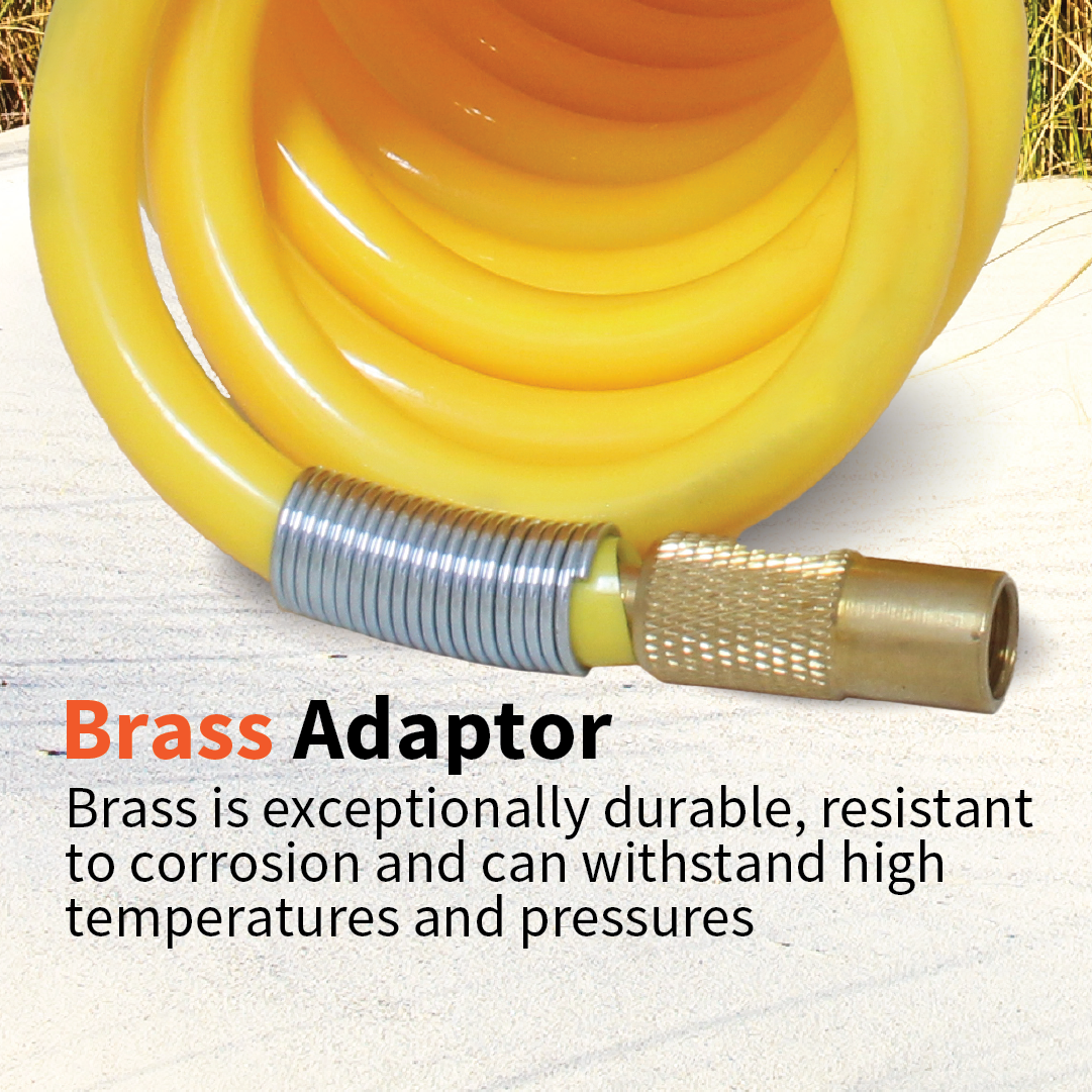 A detailed view of a coiled yellow hose equipped with a brass adaptor is featured on a textured surface, enhancing the reliability of the Dr Air 12V Air Compressor 45 Lpm. The accompanying text emphasizes the hose's durability, corrosion resistance, and brass's capacity to endure high temperatures and pressures.