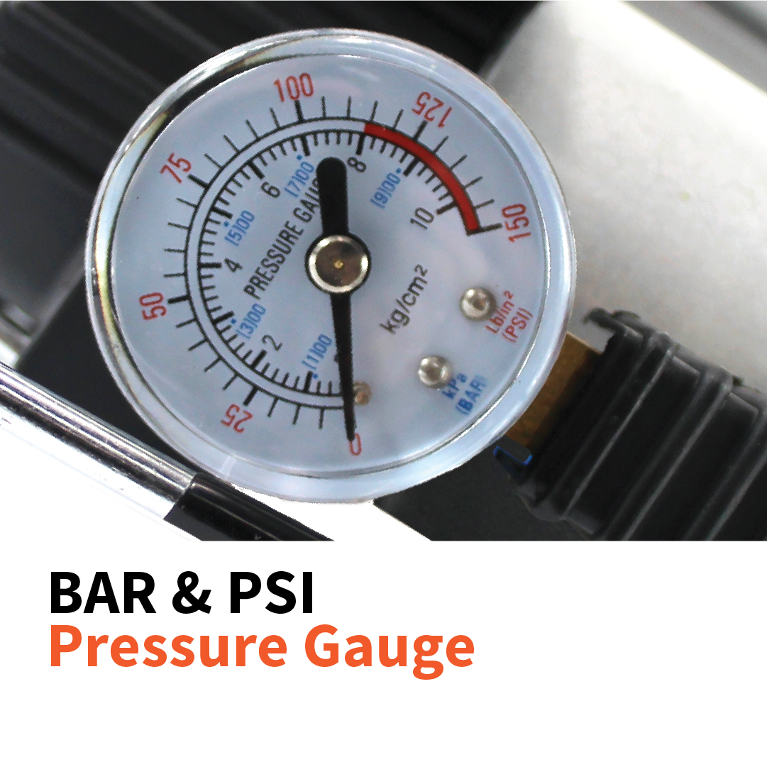 A close-up of the pressure gauge on the Dr Air 12V Air Compressor 45 Lpm displays measurements in both bar and psi. The gauge is designed with black, blue, and red markings, while a needle indicates the current values. Below it is text stating "BAR & PSI Pressure Gauge.