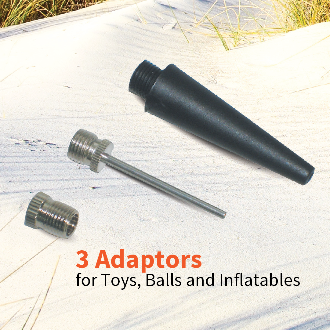 Three metal adaptors and a sleek black nozzle lie on a sandy surface, ensuring strong air delivery. The text reads, "3 Adaptors for Toys, Balls and Inflatables," highlighting the 12V Air Compressor 45 Lpm by Dr Air.