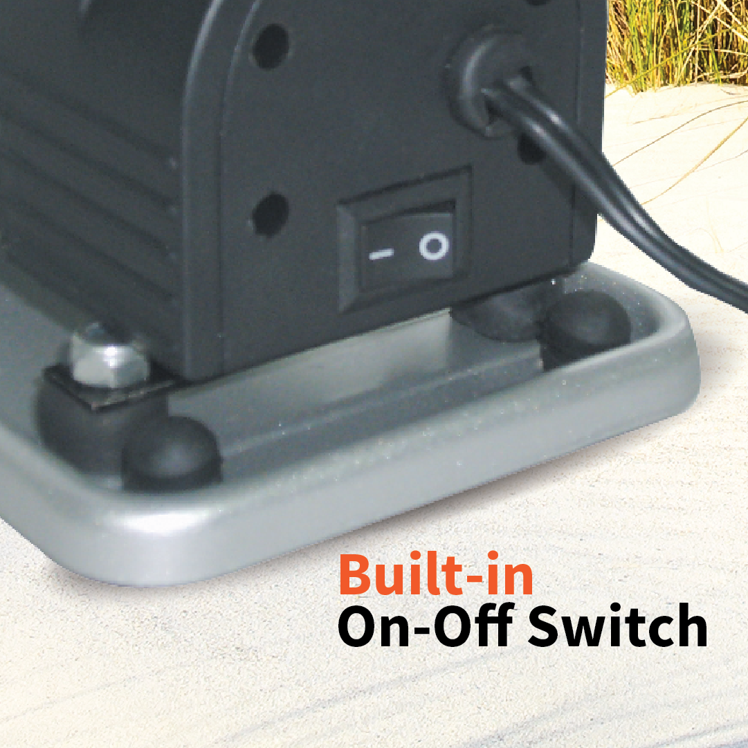 A compact black Dr Air 12V Air Compressor 45 Lpm with a built-in on-off switch sits securely on a gray base featuring rubber feet. A power cord connects to this reliable air compressor, which includes the text "Built-in On-Off Switch" on the image.