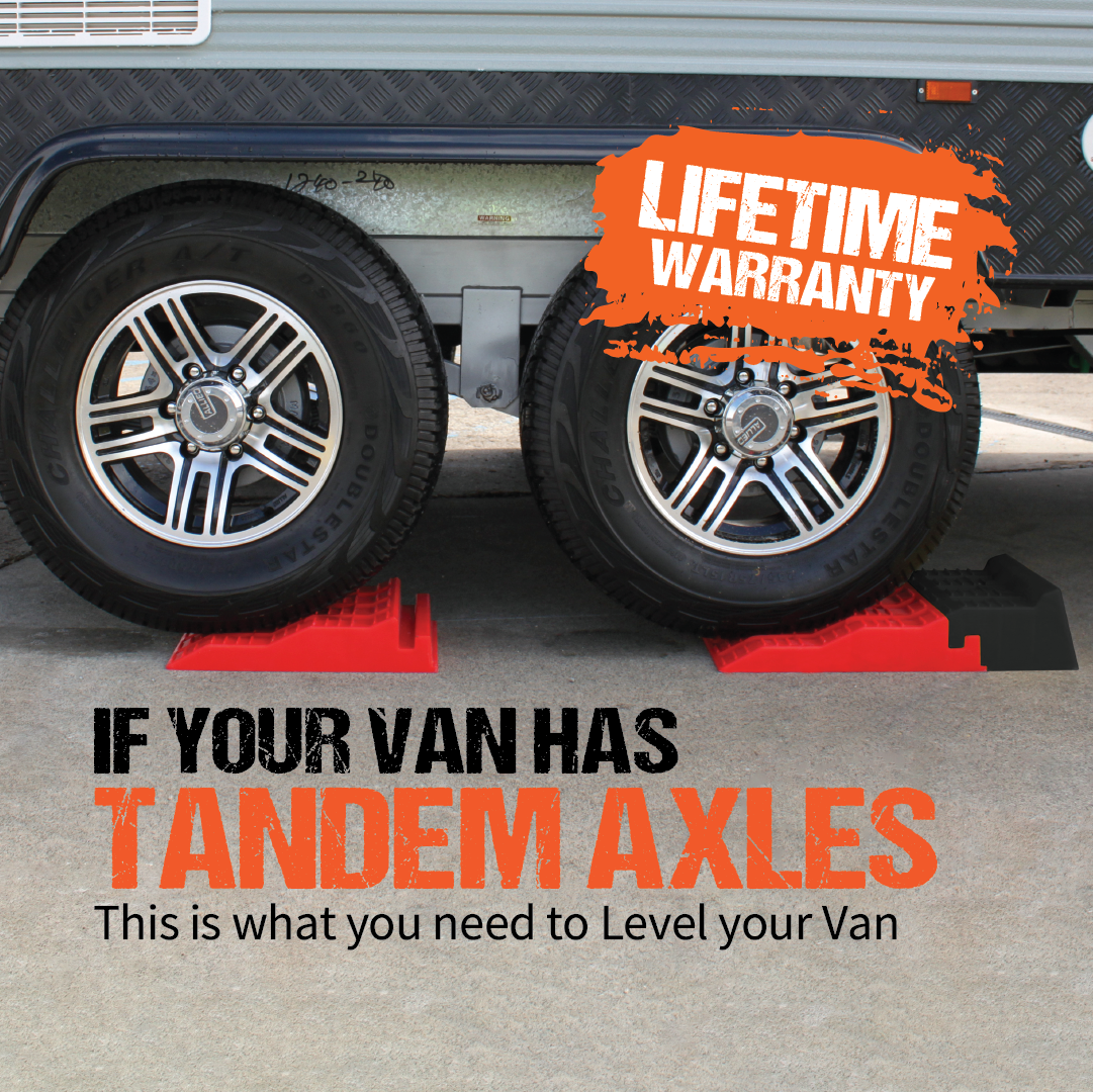 Close-up of a van with tandem axles on red leveling blocks, showcasing the patented locking design. Text on the image reads: "Lifetime Warranty. For tandem axle vans, trust the Explore Caravan Levelling Ramp Set - Australian Made to perfectly level your vehicle.