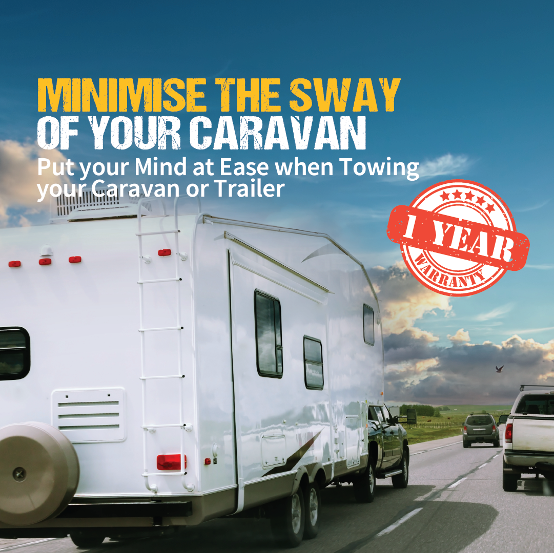 A black pickup truck towing an RV on a highway with text overlay advertising the Explore Tow Ball Weight Scale by Explore, emphasizing minimizing sway and ensuring caravan weight safety. A one-year warranty is highlighted. The scene features a clear blue sky and other vehicles in the background.