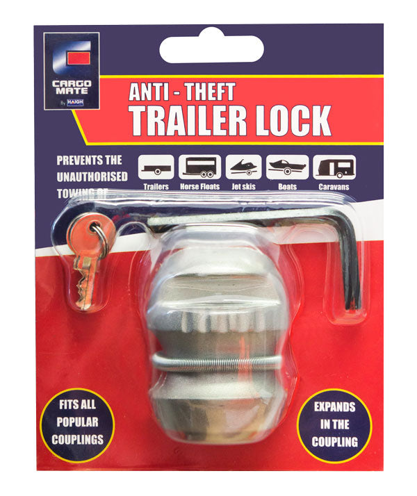 The Cargo Mate Anti-Theft Trailer Lock comes packaged with a silver lock, a key, and a small L-shaped tool. The packaging features icons of different vehicles, indicating its compatibility with trailers, watercraft, and more. Text on the box underscores trailer coupling security and stresses the prevention of unauthorized towing.