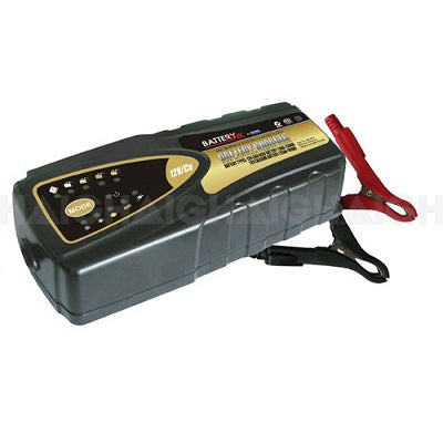 The Battery Link 7Amp Smart Battery Charger by Battery Link is a sleek black and gray device featuring advanced microprocessor technology, accompanied by red and black clamps. It includes various buttons and indicators labeled in white, plus a yellow information panel on the top, making it perfect for efficiently managing deep cycle batteries.