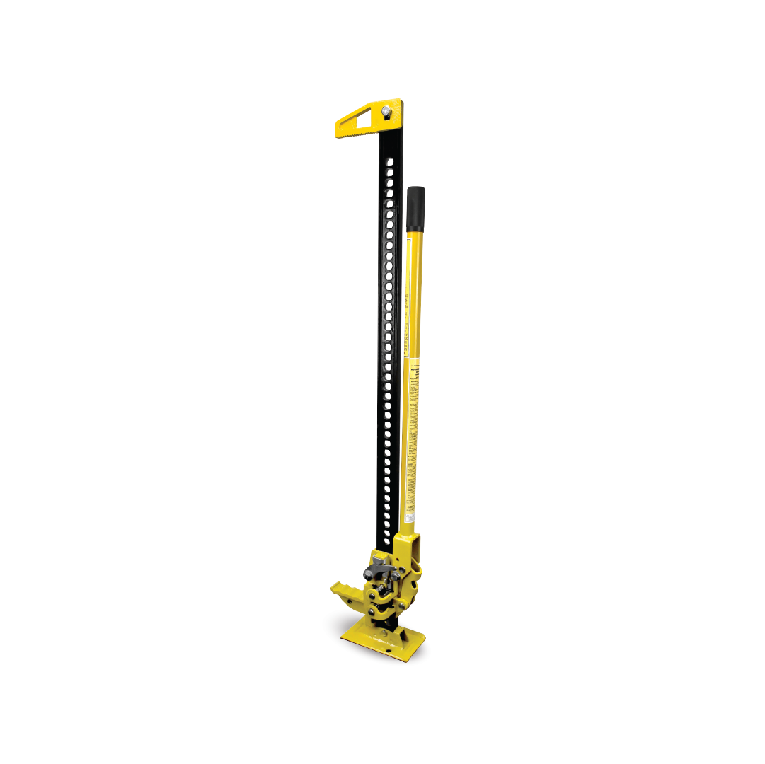 The Mean Mother High Lift Jack 48" in yellow and black stands upright, featuring a long metal bar with multiple holes and a handle for lifting. Its sturdy base ensures support, emphasizing its function in heavy lifting tasks and recovery accessories.