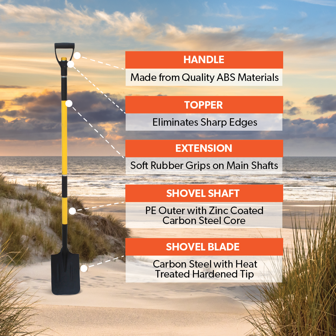 Image of the Mean Mother 5-IN-1 Multi 4x4 Recovery Shovel on a beach at sunset. The image is annotated with text boxes highlighting different parts: Handle (Quality ABS materials), Topper (eliminates sharp edges), Extension (soft rubber grips), Shovel Shaft (PE outer, zinc-coated core), and Shovel Blade (carbon steel with heat-treated tip). Perfect for the 4WD enthusiast. Brand Name: Mean Mother 4x4.