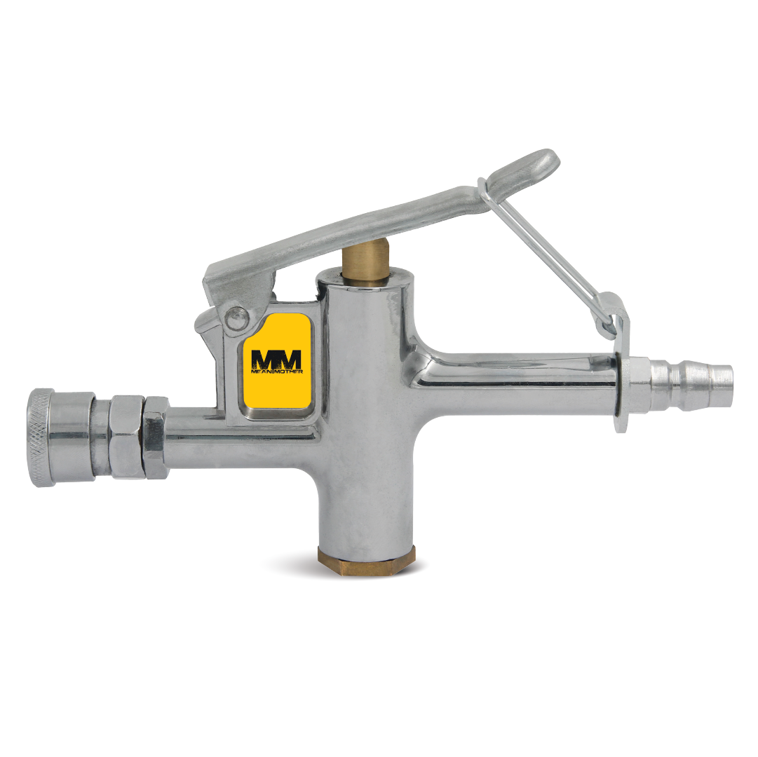 The lever-handled metal beverage tap, adorned with a yellow logo, boasts a cylindrical design complete with a hose connector on the side and a prominent lever on top. It excels at dispensing liquids with precise pressure readings, demonstrating accuracy akin to that of the Mean Mother Air Compressor Bypass Controller.