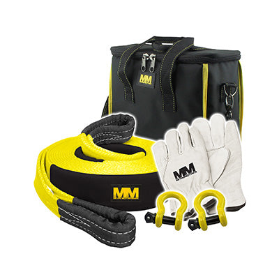 The Mean Mother 4x4 Mean Mother 5pc Recovery Kit 11,000kg Combo Pack includes a yellow 11-tonne snatch strap with black accents, a pair of white gloves featuring the black "MM" logo, two heavy-duty bow shackles in yellow and black, and a practical carrying bag adorned with the "MM" logo. The bag is equipped with a zipper and has a side pocket with a clip for added convenience.