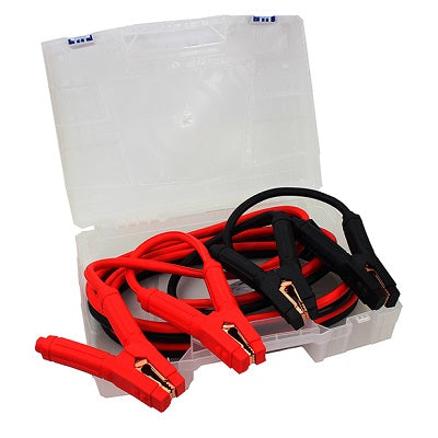 The Battery Link 750Amp Jumper Leads by Battery Link come neatly coiled inside a transparent plastic carrying case with a hinged lid. This set of red and black heavy-duty jumper leads features copper clamps and is perfect for boosting car batteries, making them an essential addition to any emergency kit.