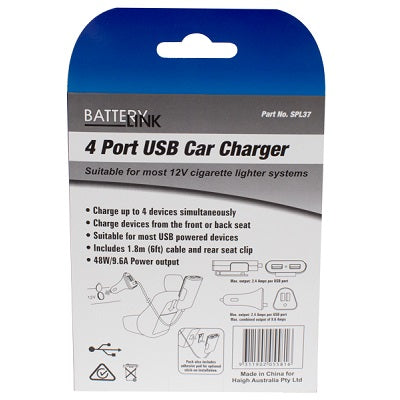 The packaging of the Battery Link 4 Port USB Car Charger emphasizes its capability to charge four devices simultaneously and its compatibility with 12V systems. It also features a 1.8m cable. The gray and white design presents product illustrations and specifications, making it an ideal fit for any car's 12V cigarette lighter adapter!