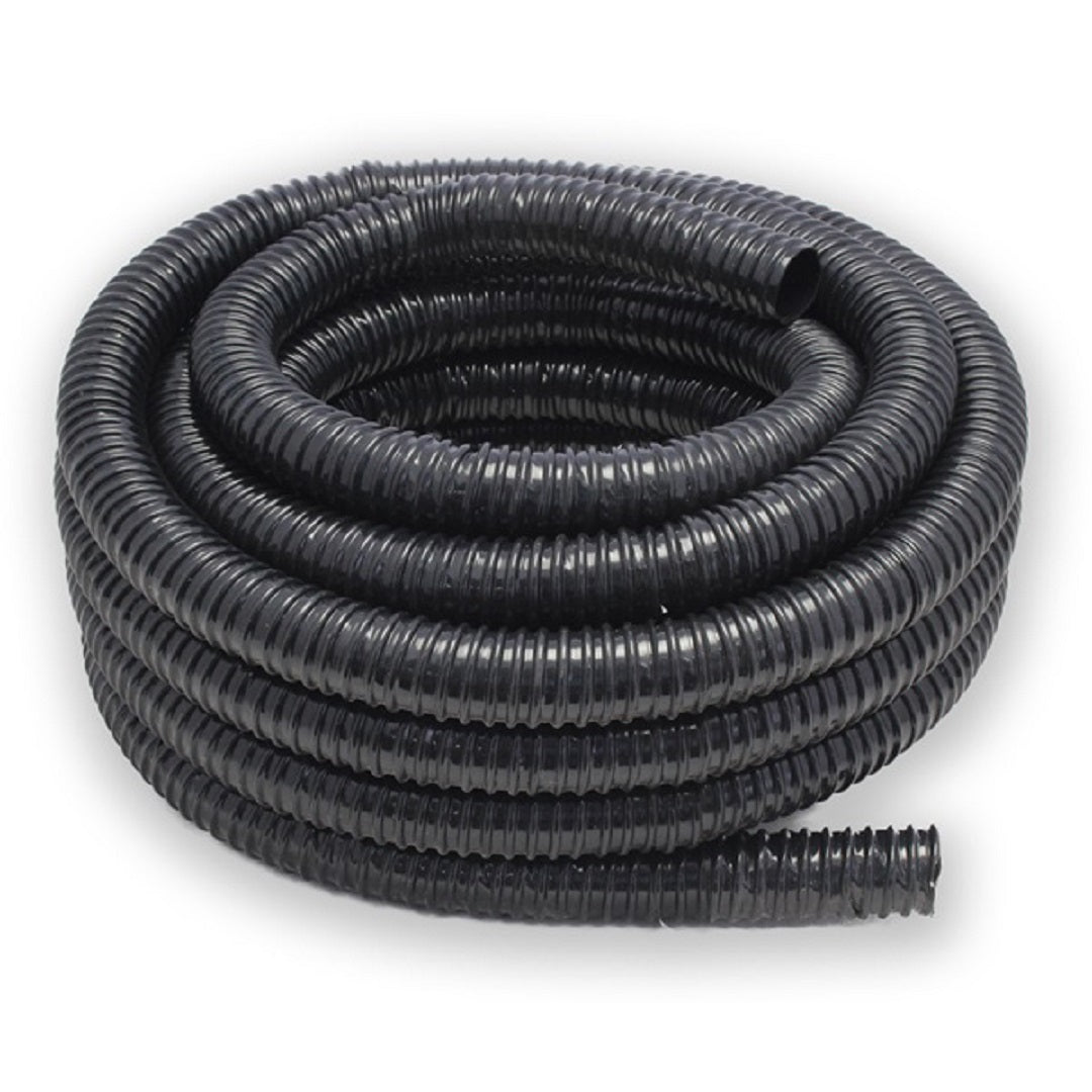 A tightly wound Explore Flexible Waste Water Hose, lying on a white surface. The black corrugated hose, featuring ridges along its length, forms a compact circle with one end slightly protruding. Ideal for caravans and RVs, it ensures efficient grey water removal and waste management on your adventures.