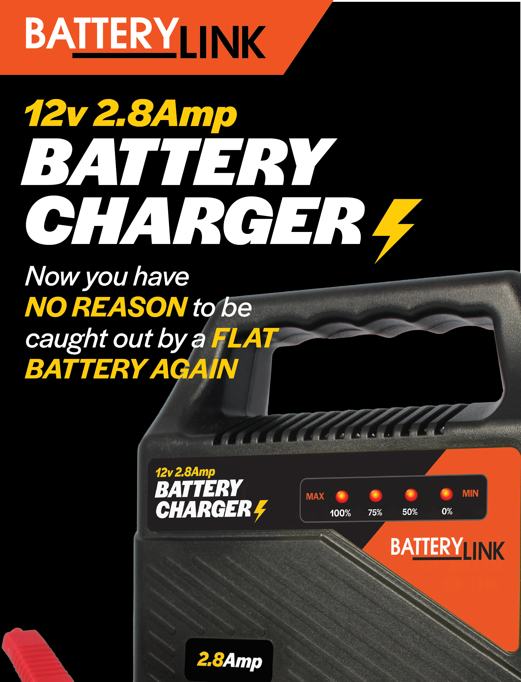 A promotional image for the Sunland-Protection Battery Charger 12v 2.8Amp highlights its reliability in preventing flat batteries. The design features the product's name in bold white letters with a yellow lightning bolt, along with benefits like overload protection and a 2-year warranty emphasized in the text.