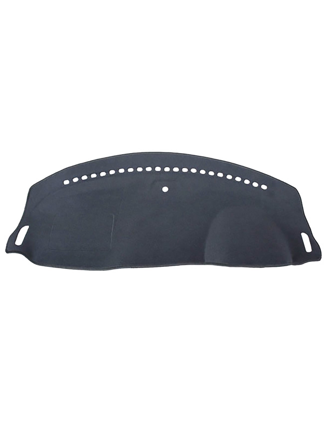 The Sunland Dash Mat Charcoal - C1006 by Sunland-Protection is designed specifically for MG MG3 Szp1 07/2016-On/> All Hatchback Models. This stylish dashboard cover features a curved top edge, evenly spaced holes along the upper center, and two handle-like cutouts on the sides. An additional rounded raised area on the lower right side enhances its design. Ideal for keeping your vehicle cool and preserving its resale value, this cover comes against a white background.