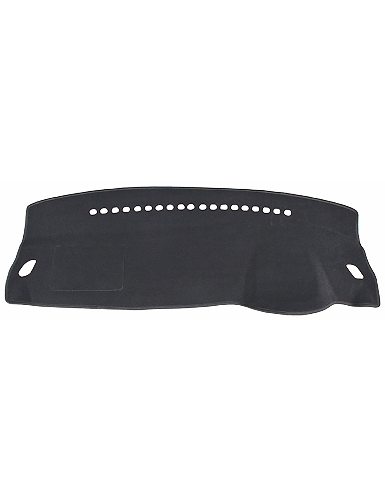 The Sunland-Protection Dash Mat Black Suits MG ZS (Soul, Excite, EV, Petrol 09/2017-On) is a stylish black dashboard cover featuring perforated holes and two cutouts for safety with airbags. Specifically designed to enhance resale value, it provides a seamless fit over the car's dashboard with a distinctive rectangular area on the left side.