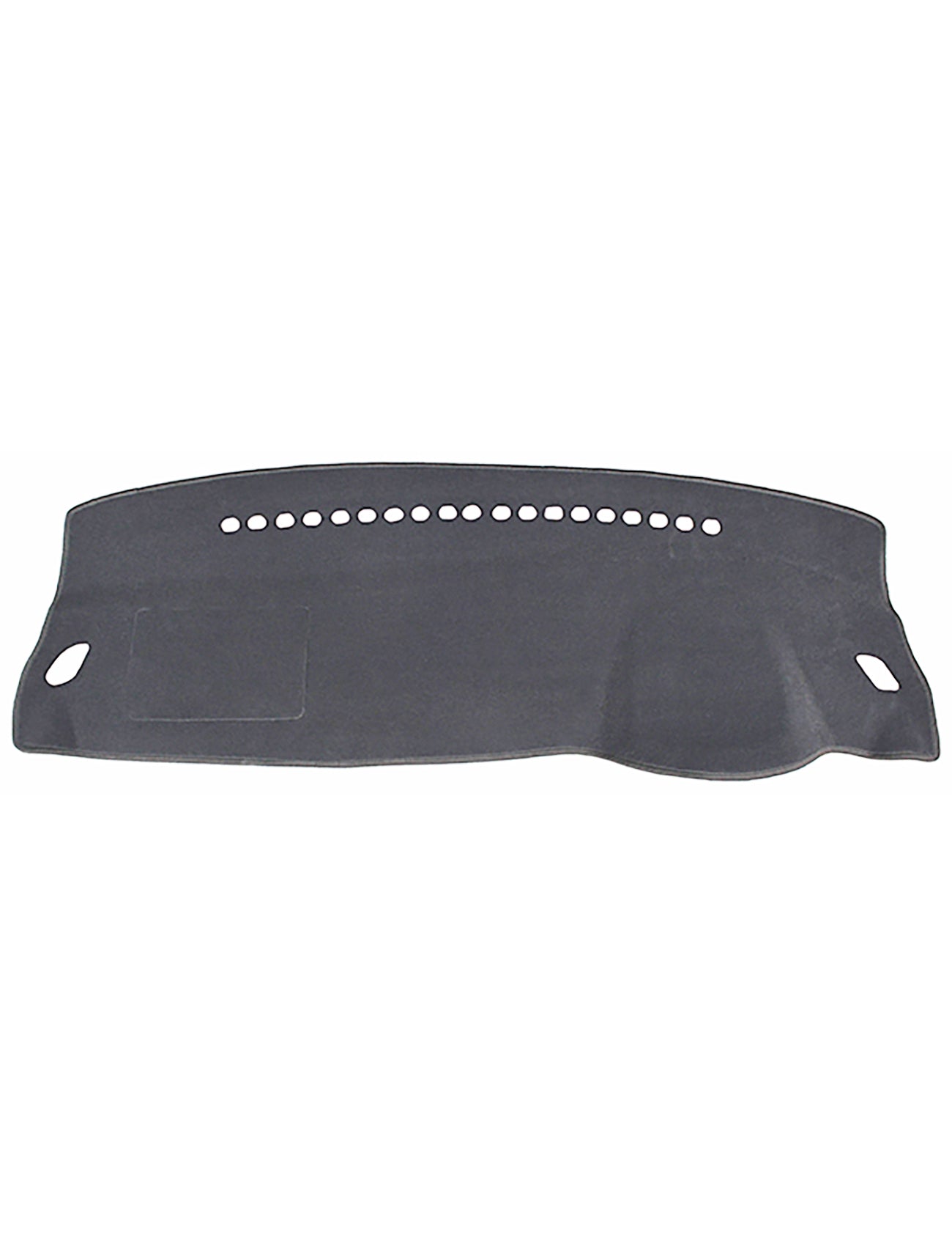 The Sunland-Protection Sunland Dash Mat Charcoal for MG ZS Soul, Excite, EV, Petrol 09/2017-On/> All Models (C1106) features a black dashboard cover with small perforated holes along the top edge and two cutouts on either side. The smooth surface includes a raised section on the lower right side to reduce glare. Designed to protect your car's dashboard from sun damage and help keep the vehicle cool.