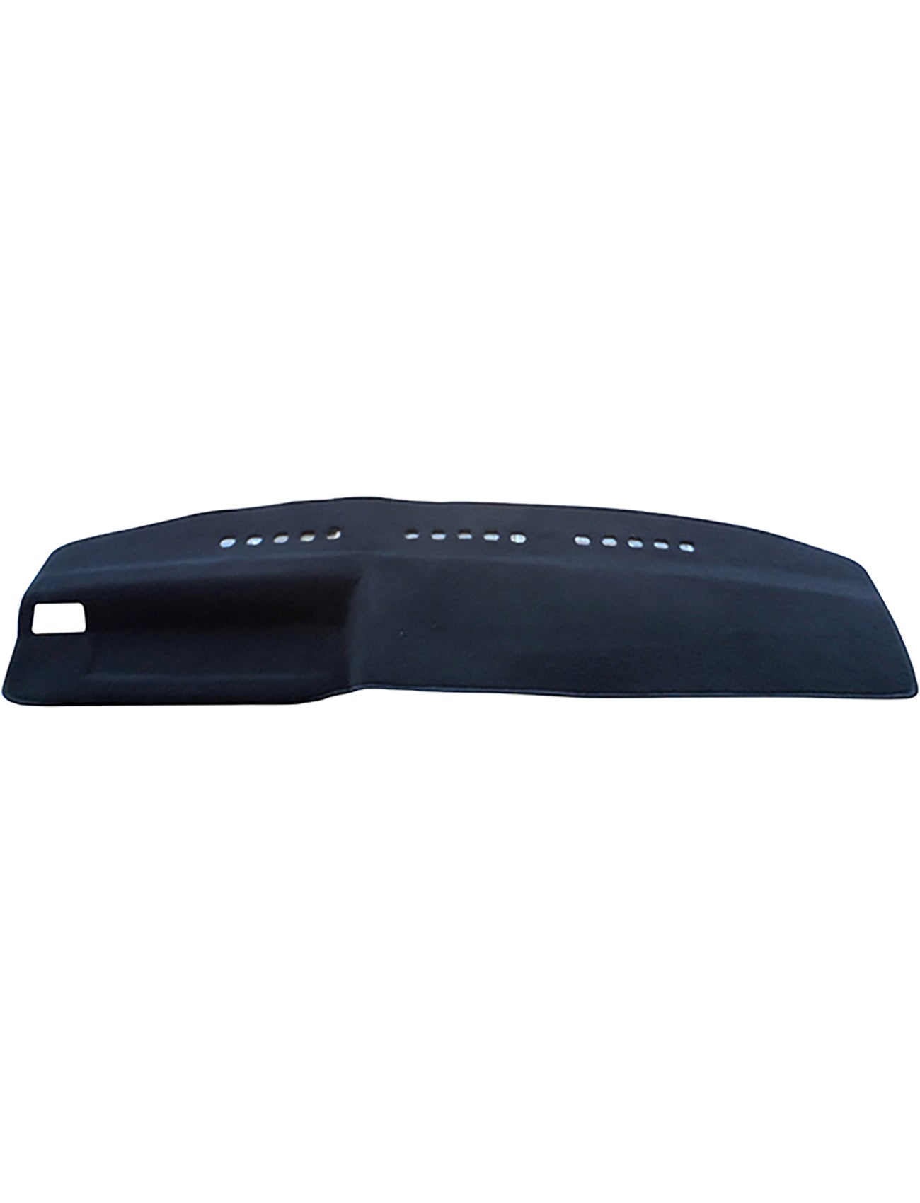 The Sunland-Protection Dash Mat Black Suits Nissan Skyline CJR31 01/1986-10/1989 All Sedans & Wagon Models - D2001 features a rectangular cutout on the left side and multiple small rectangular vents along the top center. This smooth-textured cover is designed to fit over your car's dashboard, helping to protect your vehicle while ensuring it stays cool. Shown against a white background for clarity, this mat aids in maintaining your car's resale value.