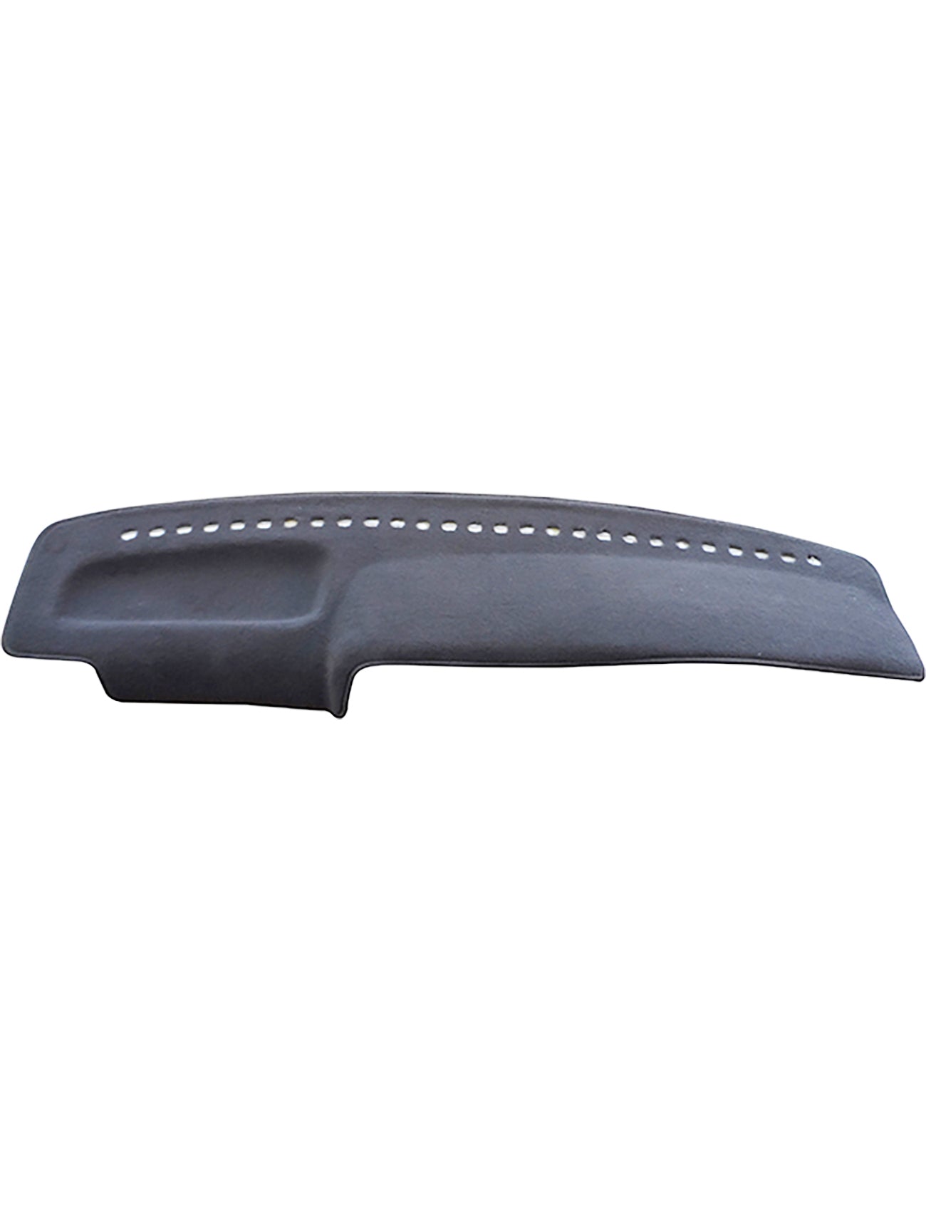 The Sunland-Protection Sunland Dash Mat Charcoal Suits Nissan Navara D21 02/1994-03/1997 All Models - D2806 is a curved, charcoal-colored dashboard cover with a raised section on the left side and evenly spaced holes in the center. Designed to fit seamlessly over your existing dashboard, this dash mat provides protection, potentially reduces glare, and helps keep your vehicle cool.