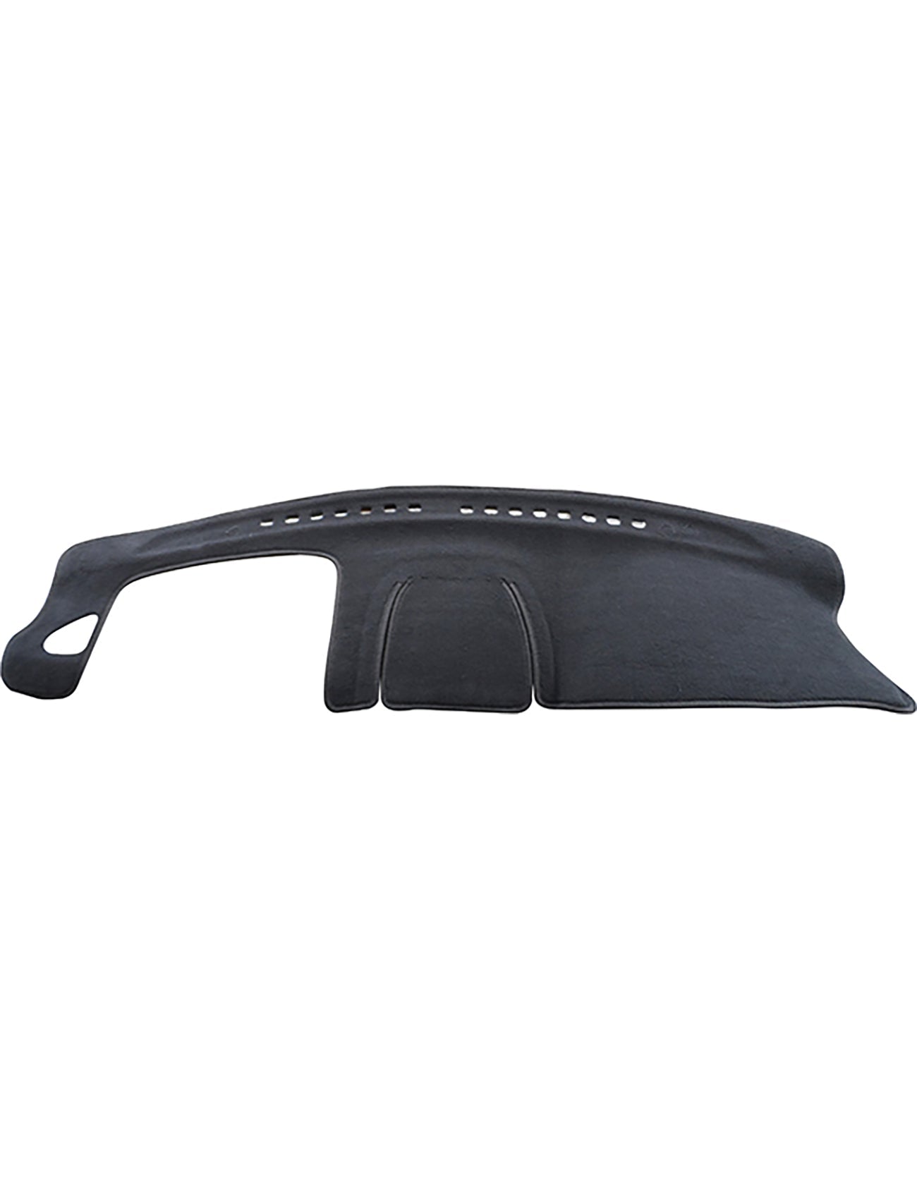 The Sunland-Protection Dash Mat Black, designed for Nissan Pulsar N16 models from 07/2000 to 04/2004 with a Pax Airbag (Centre Glovebox Fitted), features a textured surface and precise cutouts for air vents. This product, model D4501, helps keep your vehicle cool while protecting the dashboard from sunlight damage and reducing glare during driving.