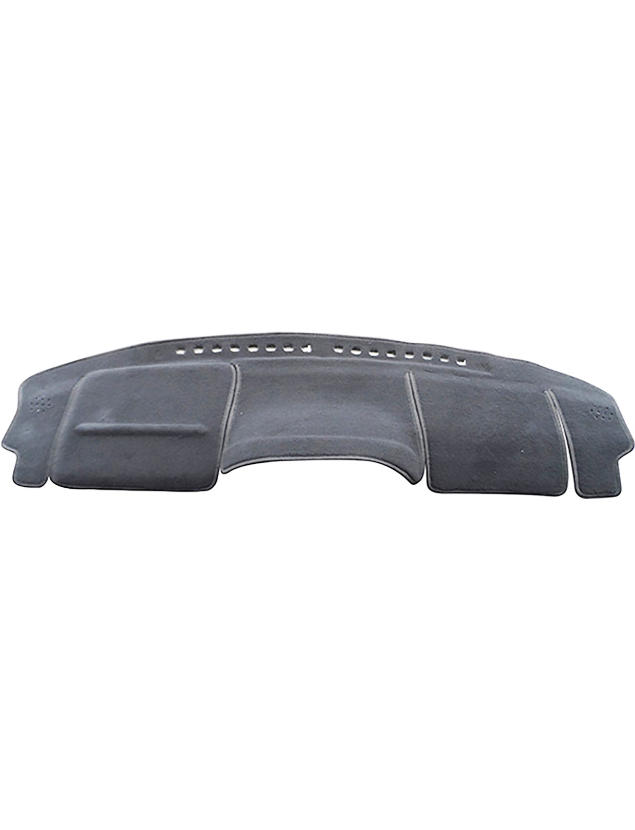 The Sunland Dash Mat Charcoal, designed specifically for Nissan X-Trail T30 models from November 2001 to February 2004, features various cutouts and contours to seamlessly fit over your dashboard. This dash mat from Sunland-Protection has stitched edges and appears to be made of a soft fabric or felt material, and is shown against a white background. It helps keep your vehicle cool while adding a touch of style.