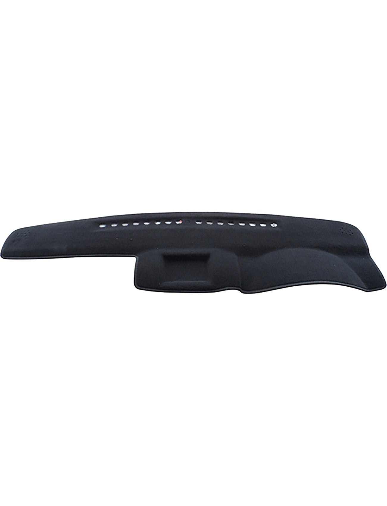 The Sunland-Protection Dash Mat, specifically designed for Nissan Pathfinder R51 MY07 (07/2005-09/2013) models, features a sleek black finish with a contoured shape and multiple small cut-outs along the top edge. It fits snugly over your vehicle's dash while ensuring airbag safety.