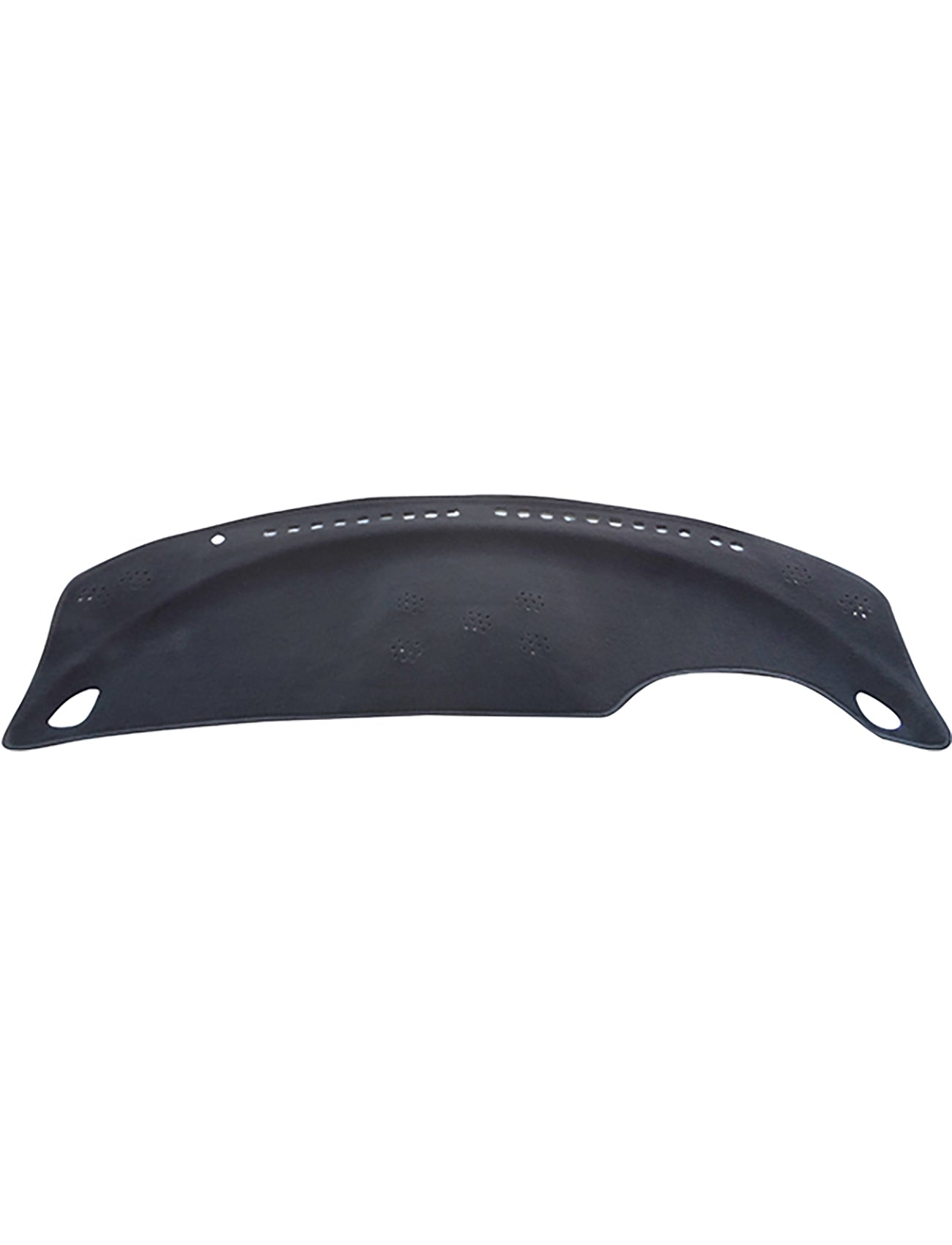 The Sunland-Protection Dash Mat in black, designed to fit all 2009-2015 Nissan Murano Z51 models, features a curved shape with small perforations for ventilation to keep your vehicle cool. It includes two cutout holes for easy attachment and an Air Bag Safe design for added safety while driving.