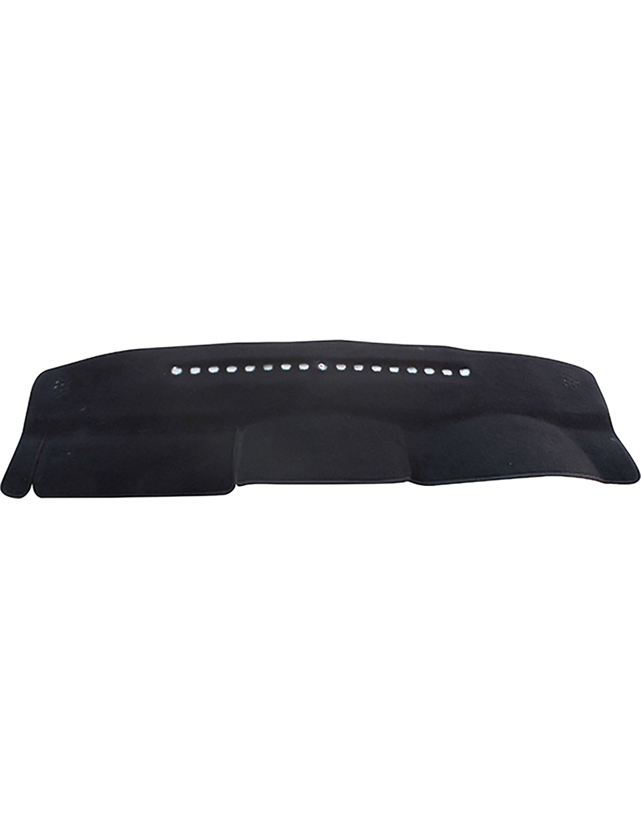 The Sunland Dash Mat Black, specifically designed for the Nissan Navara D40 MY10 (05/2010-02/2015) ST-X Utility Dual Cab -D7601, features multiple vent cutouts and provides robust protection against sun damage and wear. Made from a soft material, possibly felt or suede, this dash mat helps maintain the resale value of your vehicle while keeping it cool. The cover is displayed laid flat against a white background.