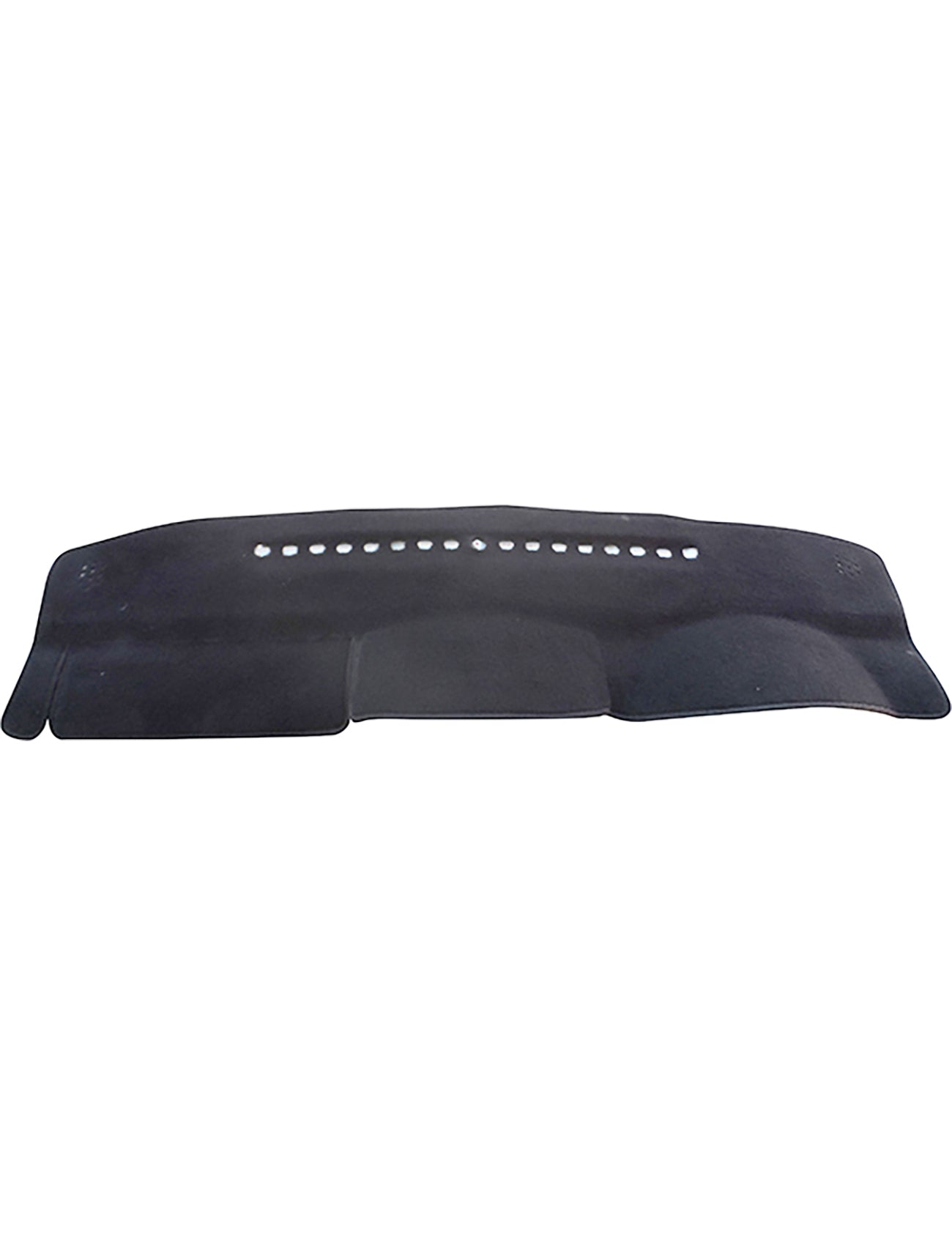 The Sunland-Protection Dash Mat in Charcoal, designed for the Nissan Navara D40 MY10 from 05/2010 to 02/2015 in all ST-X Utility Dual Cab models (Product Code: D7606), features a stylishly curved design with multiple small holes across the top for optimal airflow. Its tailored edges and slight extensions at either end contribute to keeping your vehicle cool while enhancing its resale value with a sleek appearance.