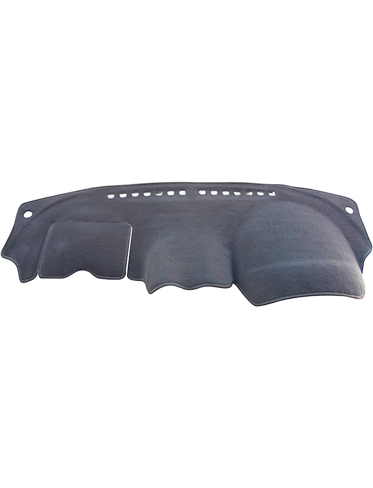 The Sunland Dash Mat in Charcoal, specifically tailored for the Nissan Micra K13 MY13 (11/2010-12/2014 models), features a sleek design with curved contours and a series of small rectangular cutouts along the top edge. This product by Sunland-Protection is crafted for effective glare reduction and includes two distinct raised sections on the left and right, combining style with functionality.