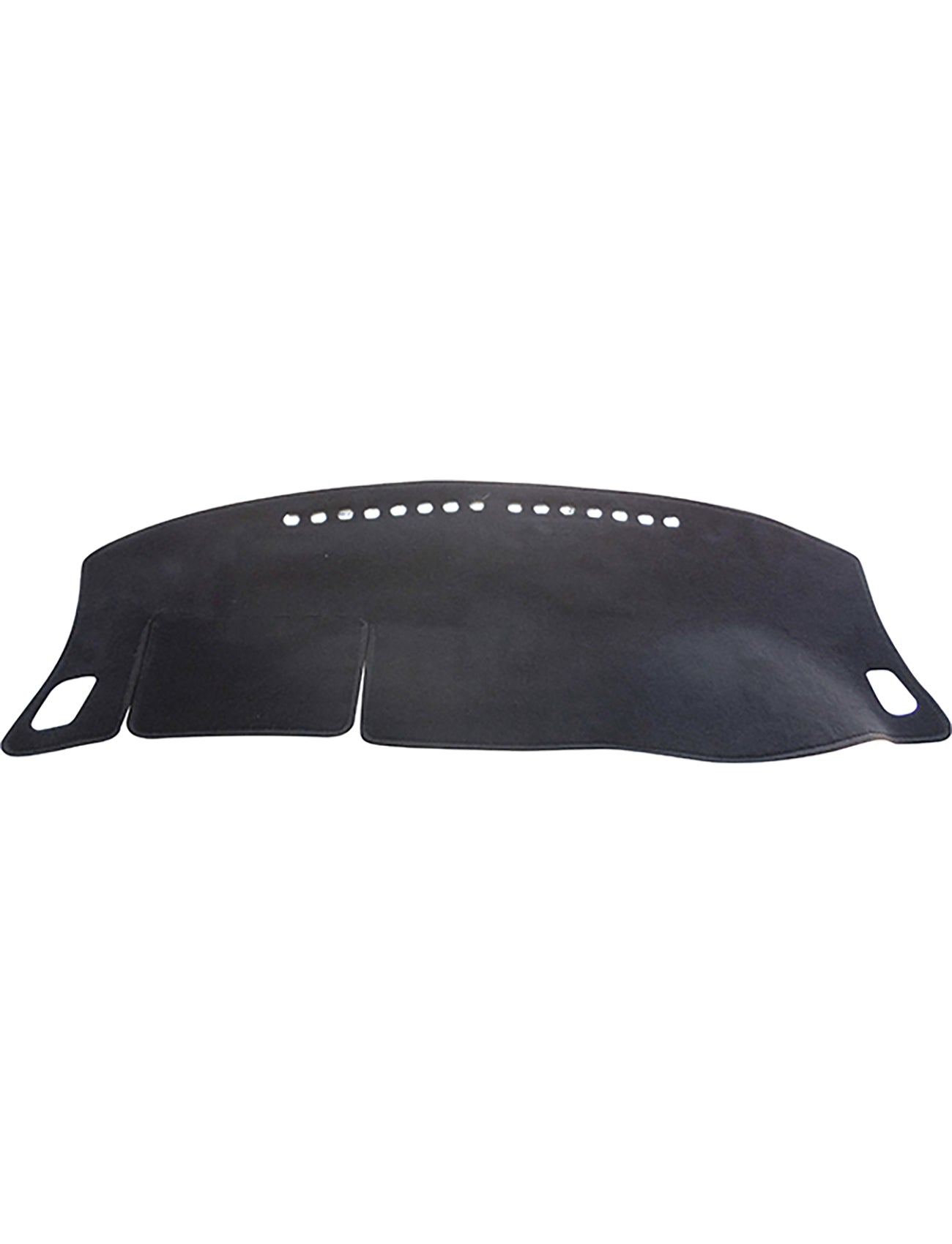 The Sunland Dash Mat Black for Nissan Pulsar B17/C12 models from 11/2012 to 05/2017, both sedan and hatch types, features a black, curved, rectangular design with rounded corners. It includes two slits on the left and right sides as well as small holes near the top edge. Made from a flexible material similar to rubber or plastic, this product helps keep your vehicle cool while being airbag-safe.