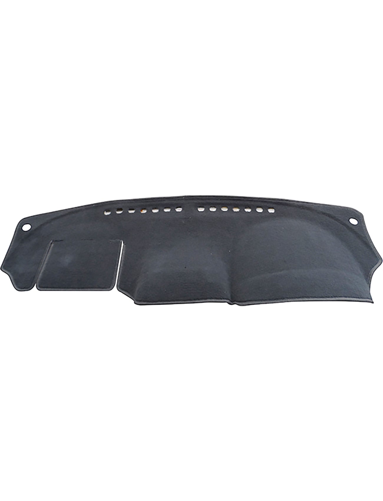 The Sunland Dash Mat Charcoal for Nissan Almera N17 (08/2012-07/2014, All Sedan Models - D9006) by Sunland-Protection is a custom-fit black dash mat designed with cutouts for vents and instruments. It features a small extra section attached on the left side and two holes in the upper corners, ensuring your vehicle stays cool while protecting its resale value.