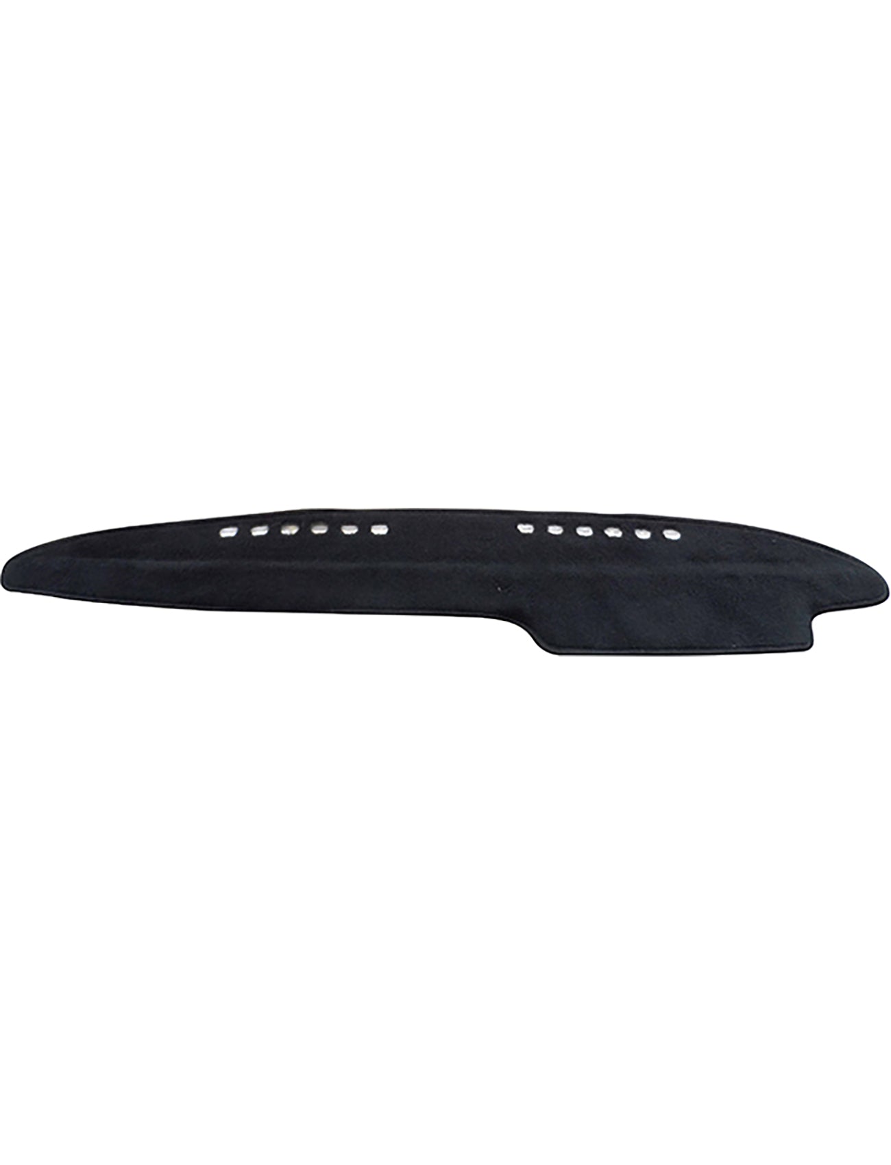 The Sunland-Protection Dash Mat Black for Ford Escort Mark 2 (07/1976-03/2001 All L, XL, GL & Ghia Sedan Models - F1001) features a smooth surface with several small cutouts for vents and panels. This vehicle cool cover is designed to fit over the car's dashboard, protecting it from sunlight and dust while also helping to maintain the vehicle's resale value.