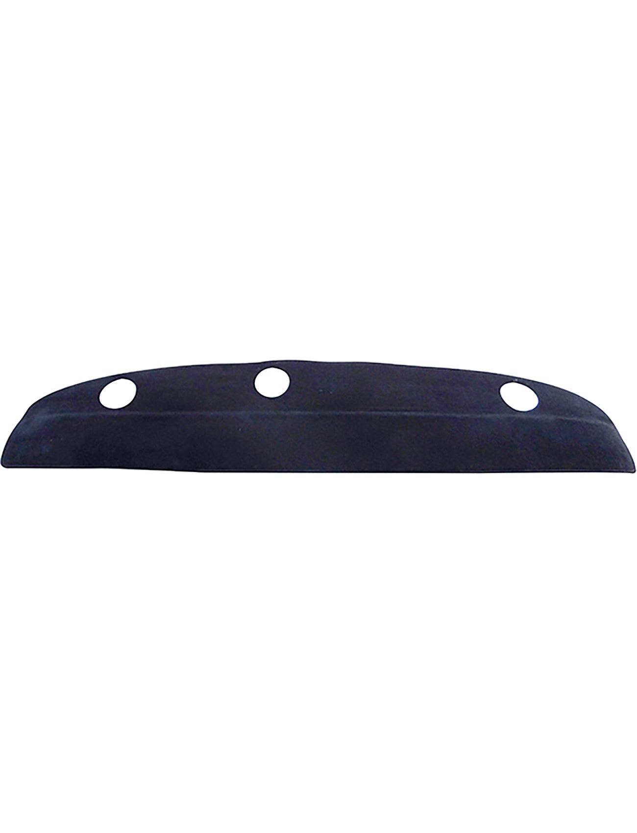 Resting flat and rectangular in shape against a white background, the Sunland Dash Mat Charcoal, a black rubber strip with three evenly spaced circular holes, is likely designed for Ford F100 and F150 models (D to X series from 10/1971 to 03/1981) by Sunland-Protection.