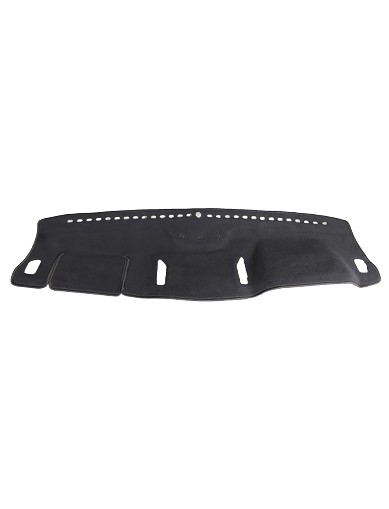 The Sunland Dash Mat Black, designed for Ford Ranger PXII/PXIII models from 09/2015 to 06/2022 without a center coin tray recess and without HUD, features multiple openings and a perforated pattern along the top edge. Crafted from soft material, this Sunland-Protection product fits perfectly over your dashboard panel, improving air conditioner efficiency while providing resale value protection for your car interior.