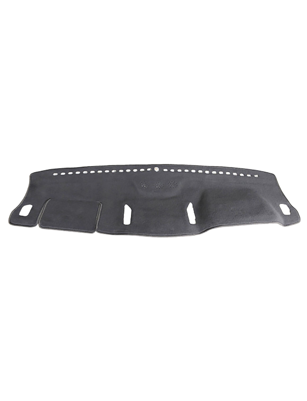 A charcoal Sunland Dash Mat Charcoal Suits Ford Ranger PXII/PXIII 09/2015-06/2022 All Models W/Out Centre Coin Tray Recess And W/Out HUD - F76N06, from the brand Sunland-Protection, featuring perforations along the upper edge and three cutout sections. The left side of the cover includes a square-shaped patch with stitched edges for additional support or design, helping to protect resale value while keeping your vehicle cool.