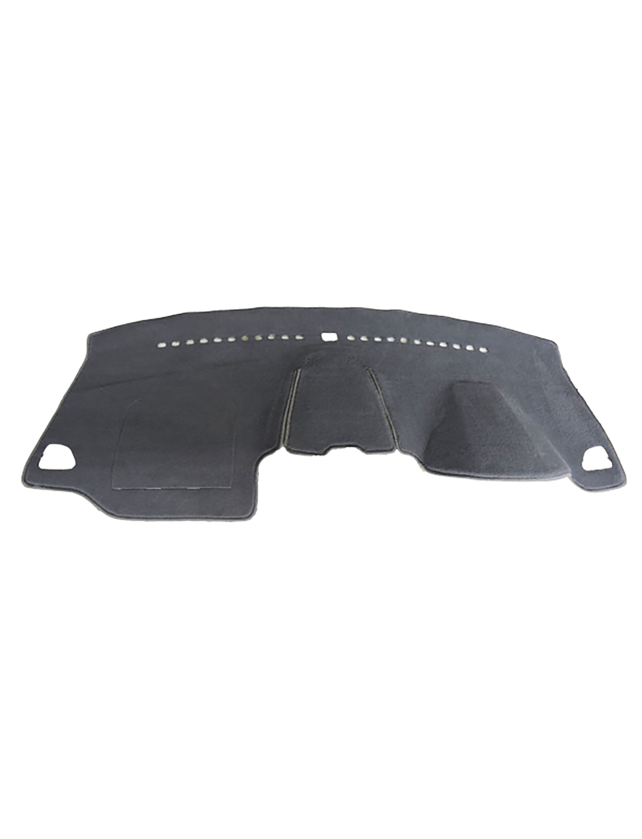 The Sunland-Protection Dash Mat, in charcoal, is specifically designed to suit Ford Endura CA models from 10/2018 to 12/2020 without a crash display. Featuring various cutouts and contours for a precise fit over the dashboard, this mat includes small holes near the top edge for ventilation or speaker access. It not only conforms to specific dashboard dimensions but also helps protect resale value.