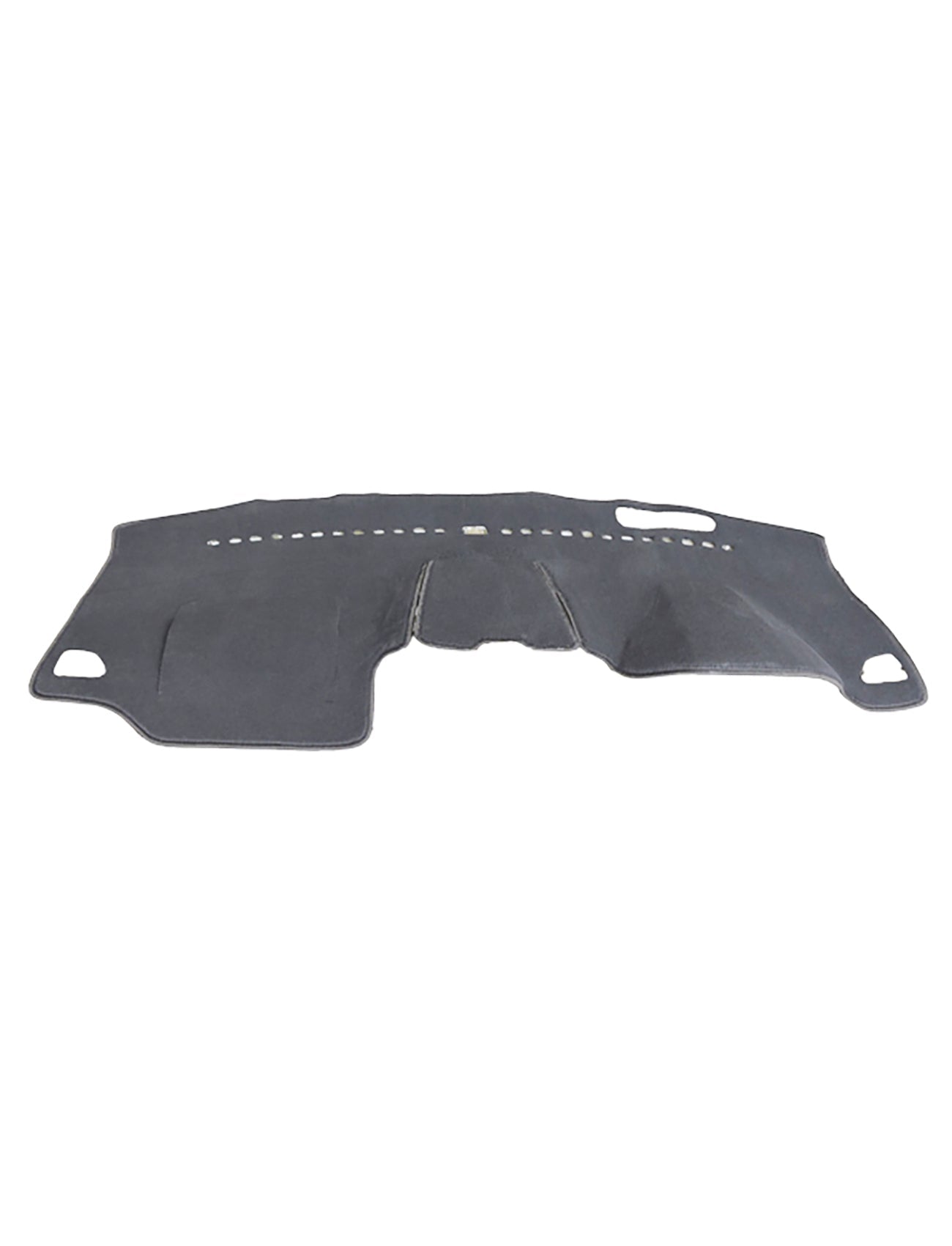 A charcoal Sunland-Protection Dash Mat, specifically designed to fit all models of Ford Endura CA from 10/2018 to 12/2020 with crash display (model F77C06), features precise cutouts for air vents and openings on the sides. The cover includes stitched edges and a central arch that conforms to the dashboard's contours. Made from premium fabric or felt-like material, this dash mat safeguards your car's interior from wear and tear, thus protecting its resale value. The background is white.