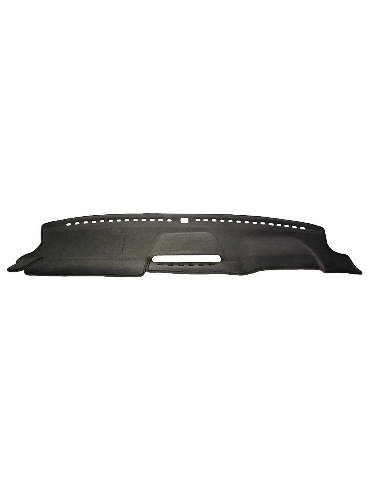 A charcoal Sunland-Protection Dash Mat designed for Ford Ranger PY 08/2022-On and Wildtrack models without a center speaker and with a front glovebox. Featuring a grid of small circular holes along the top edge and a rectangular cutout in the middle, this cover fits seamlessly over your vehicle's dashboard, effectively reducing glare and helping to protect resale value.