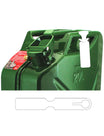 The Sunland-Protection FUEL CAN TAG WHITE/BLANK is a green 20-liter jerry can with a secure cap and latch, ideal for safely storing liquids during transportation. It features a metal tool or bracket outline on the bottom.