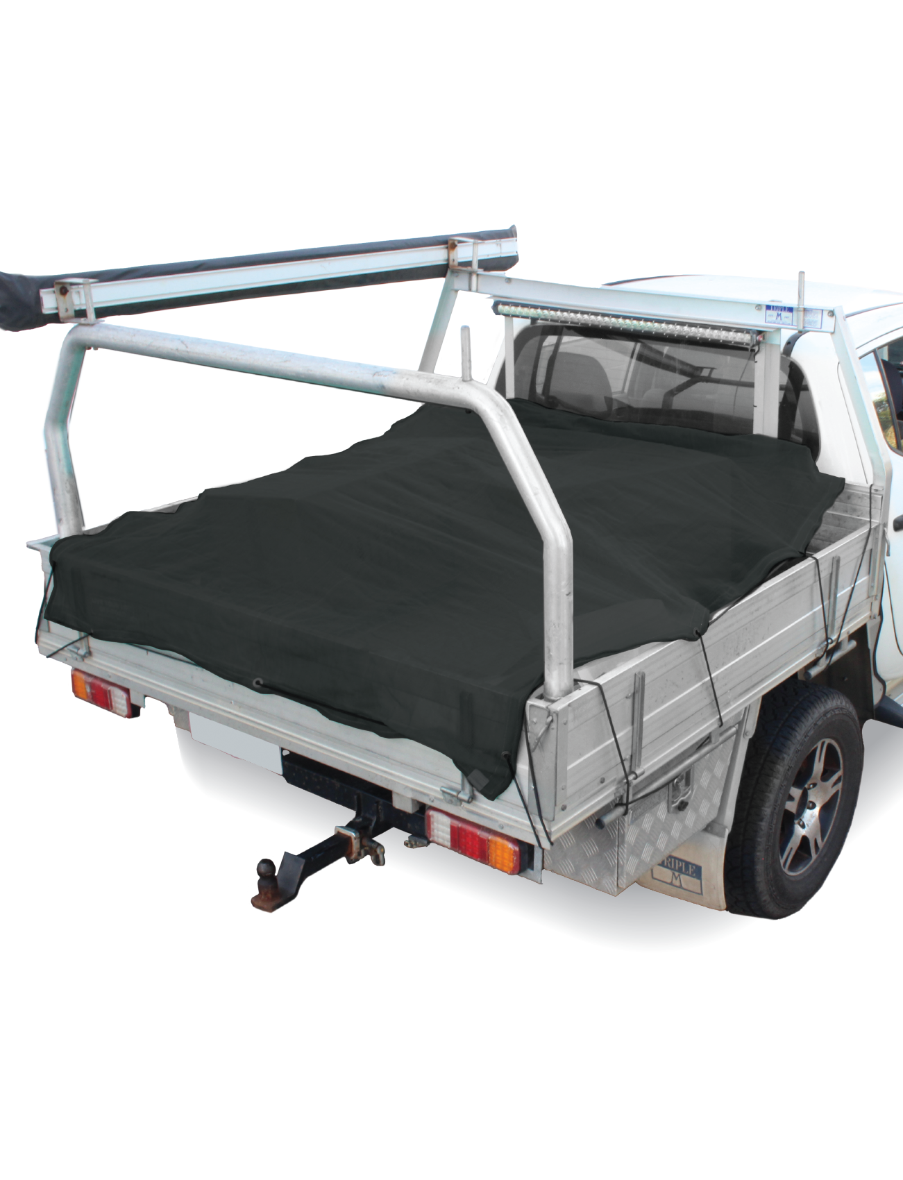 Introducing the Cargo Mate Fine Mesh Ute & Trailer Cover 2m x 3m (Large), a utility truck built for Australian conditions. This white vehicle features a durable metal frame around the bed, covered with a UV-protected black tarp from Cargo Mate. Equipped with a tow hitch and visible rear brake lights, this truck ensures both durability and reliability.