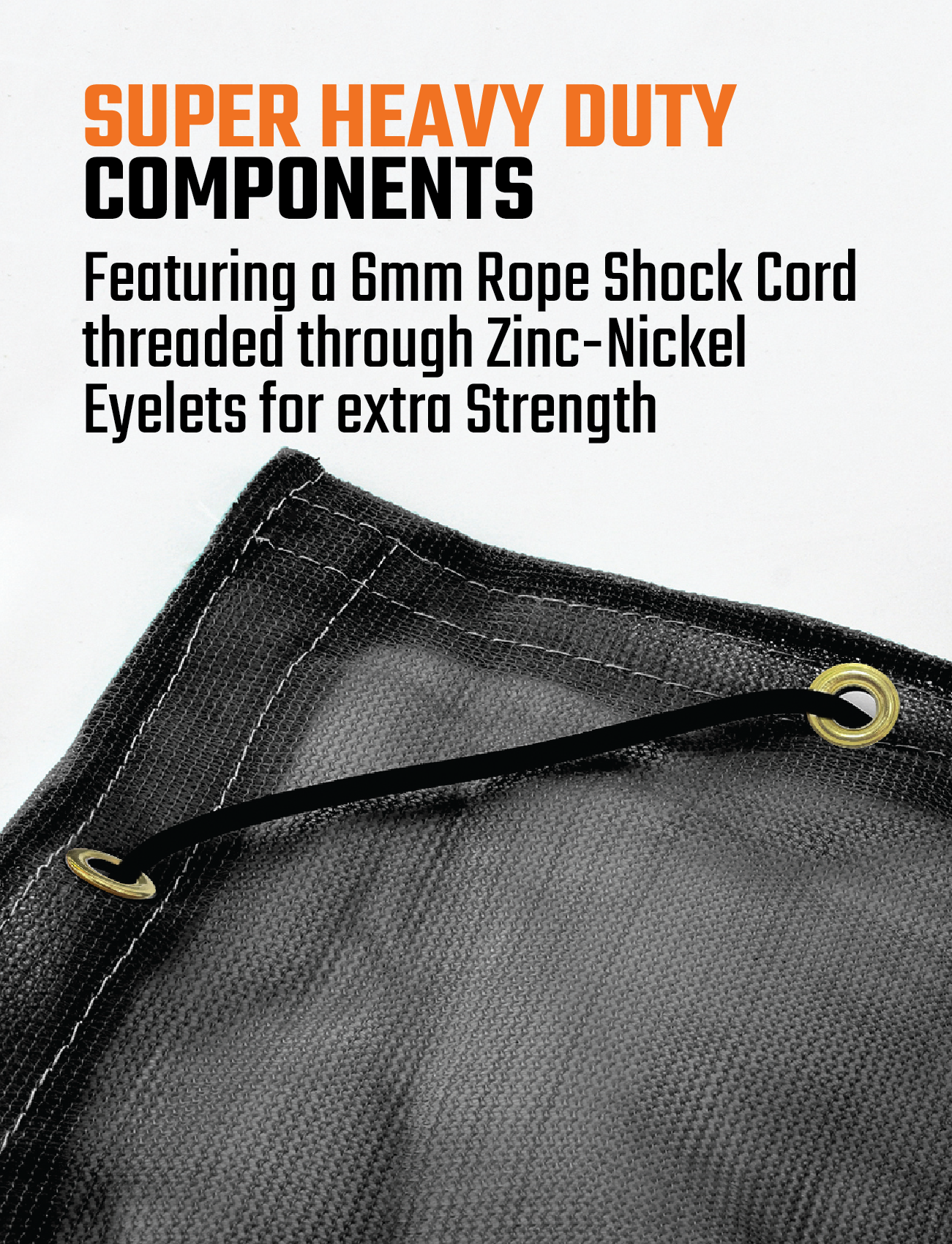 Close-up of a black heavy-duty High Density Polyethylene material with reinforced edges and a 6mm rope shock cord threaded through zinc-nickel eyelets. Text overlay reads, "SUPER HEAVY DUTY COMPONENTS: Featuring a 6mm Rope Shock Cord threaded through Zinc-Nickel Eyelets for extra Strength and UV Protection in Australian Conditions." Product Name and Brand: Cargo Mate Fine Mesh Ute & Trailer Cover 2m x 3m (Large) by Cargo Mate.