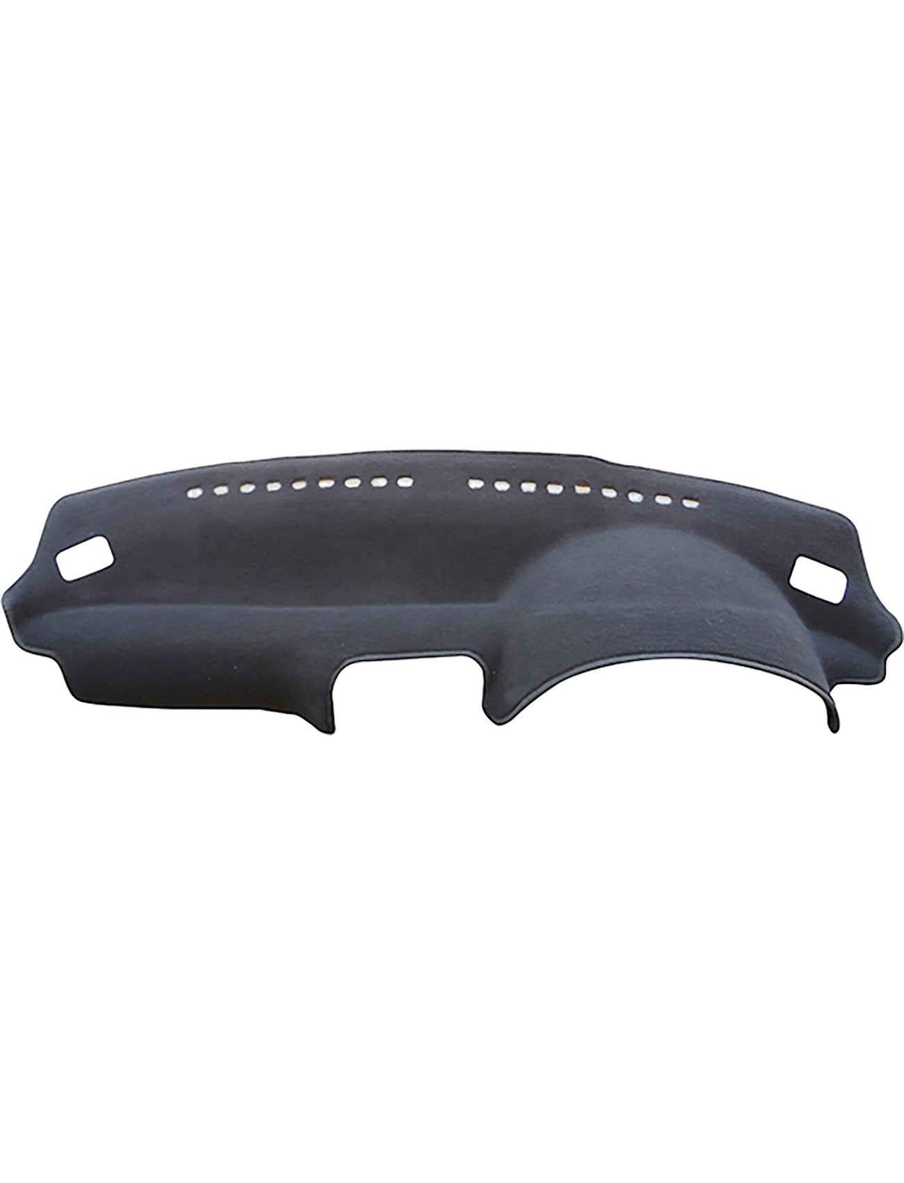 A charcoal Sunland Dash Mat by Sunland-Protection, specifically designed to fit Holden Barina MH 09/1991-05/1994 for all 3 and 5 door models, features a series of evenly spaced holes near the top for ventilation. The cover is expertly molded to contour perfectly to your car's dashboard, with precise cutouts for vents and controls. This ensures the mat protects resale value while offering seamless integration.